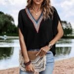 V Neck Short Dolman Sleeves Boho Loose Top