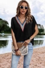 V Neck Short Dolman Sleeves Boho Loose Top