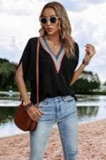V Neck Short Dolman Sleeves Boho Loose Top