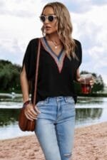 V Neck Short Dolman Sleeves Boho Loose Top