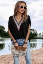 V Neck Short Dolman Sleeves Boho Loose Top