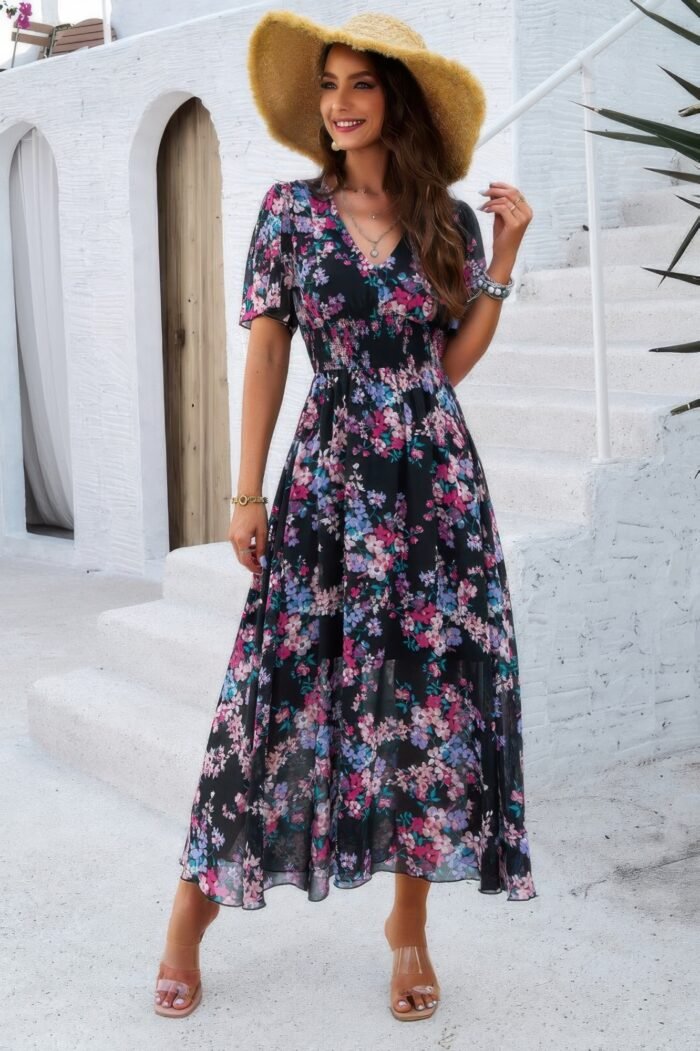 Boho floral print high waist band fit lined dress - image 1