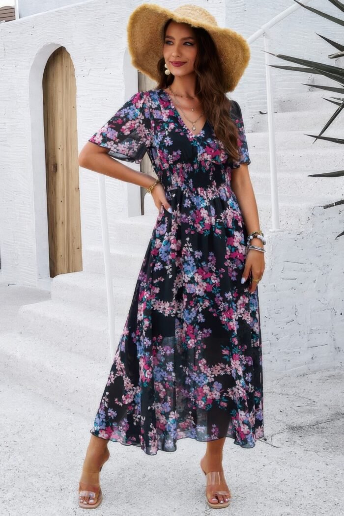Boho floral print high waist band fit lined dress - image 2