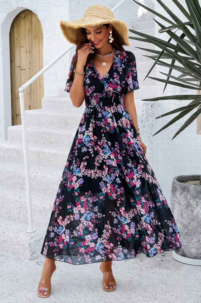 Boho floral print high waist band fit lined dress - image 3