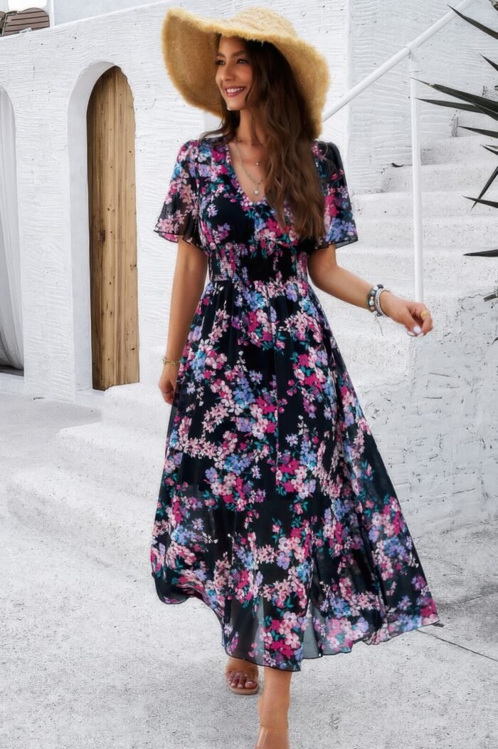 Boho floral print high waist band fit lined dress - image 4