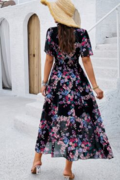 Boho Floral Print High Waist Band Fit Lined Dress