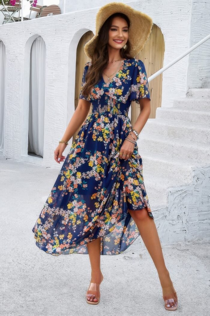 Boho floral print high waist band fit lined dress - image 6