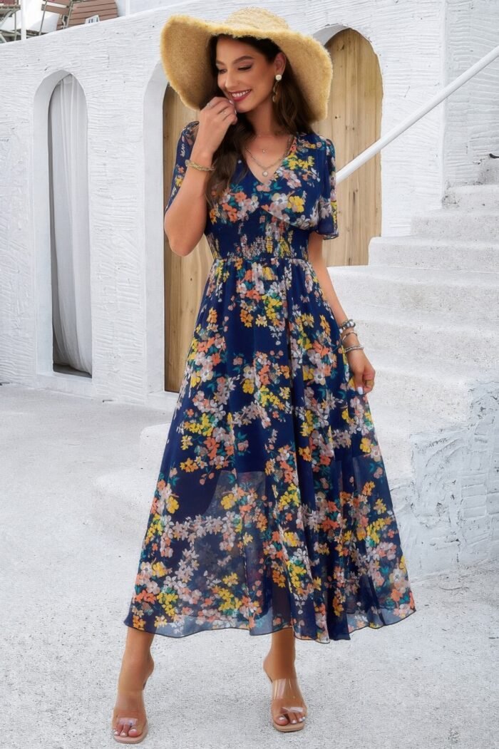 Boho floral print high waist band fit lined dress - image 7