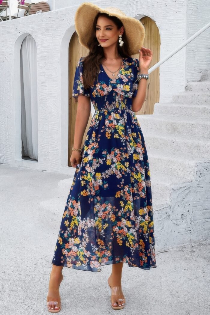 Boho floral print high waist band fit lined dress - image 8