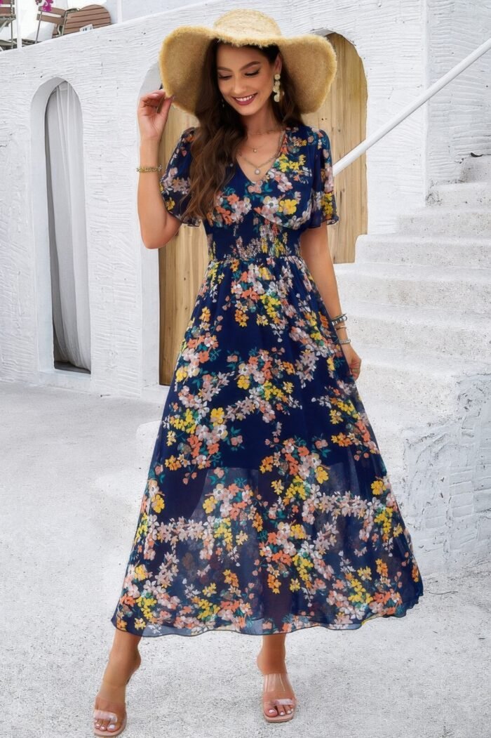 Boho floral print high waist band fit lined dress - image 9