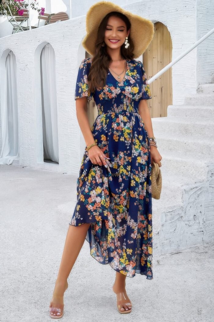 Boho floral print high waist band fit lined dress - image 10