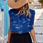 Solid Ruched Sleeveless Loose Fit Round Neck Top