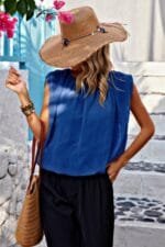 Solid Ruched Sleeveless Loose Fit Round Neck Top