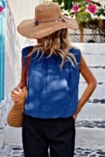 Solid Ruched Sleeveless Loose Fit Round Neck Top