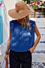 Solid Ruched Sleeveless Loose Fit Round Neck Top