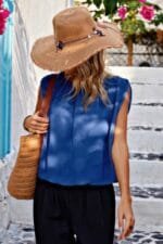 Solid Ruched Sleeveless Loose Fit Round Neck Top