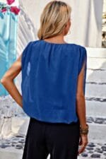 Solid Ruched Sleeveless Loose Fit Round Neck Top