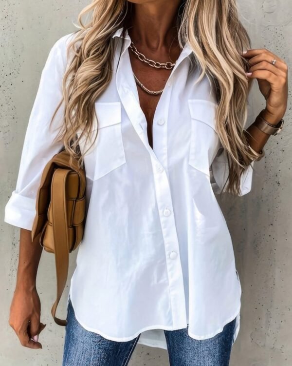Solid Button Up Pockets Long Sleeves Blouse