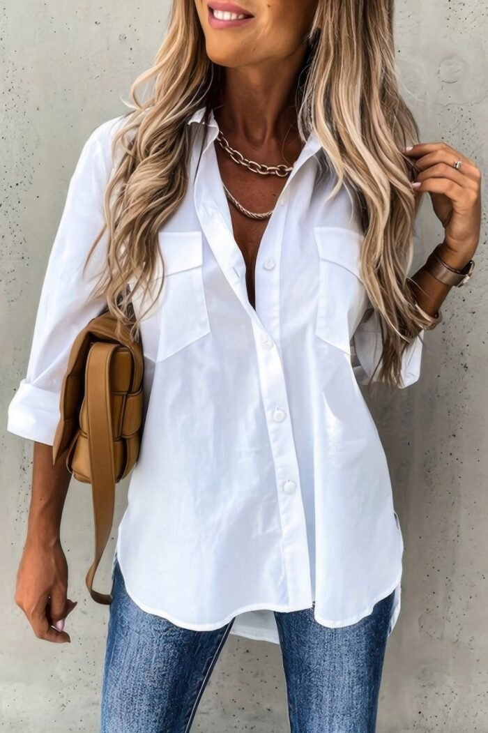 Solid button up pockets long sleeves blouse - image 1
