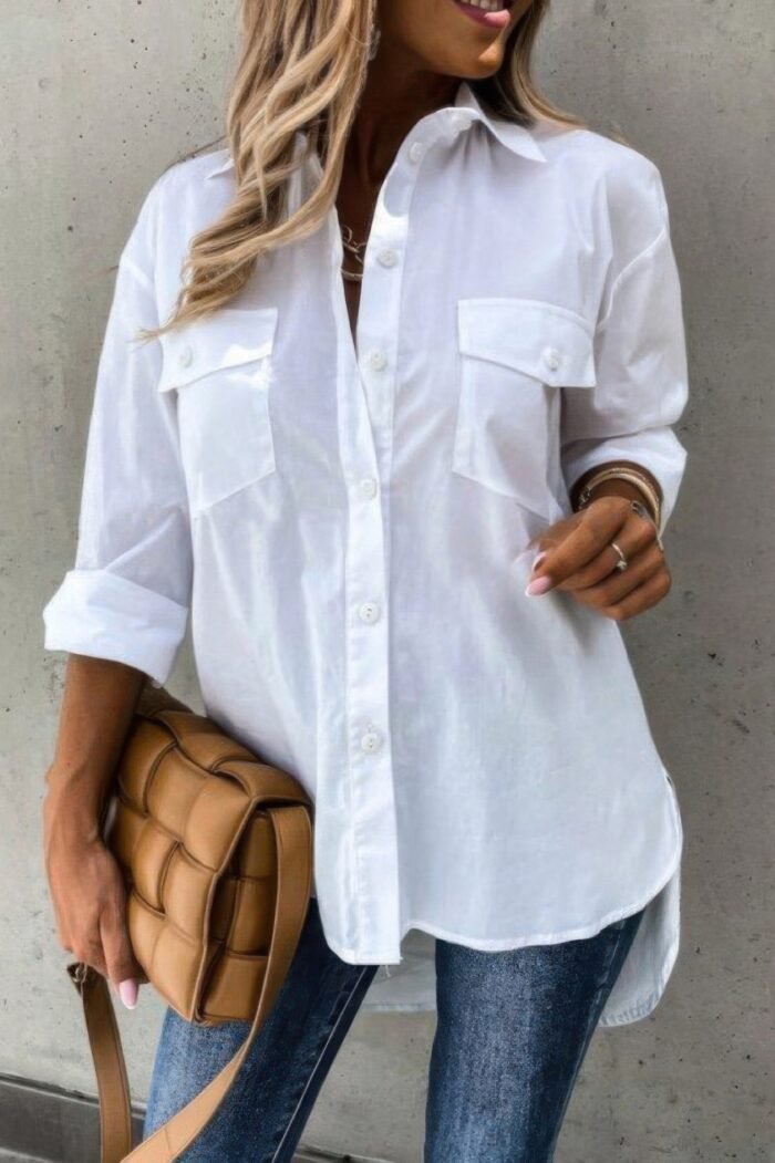 Solid button up pockets long sleeves blouse - image 2