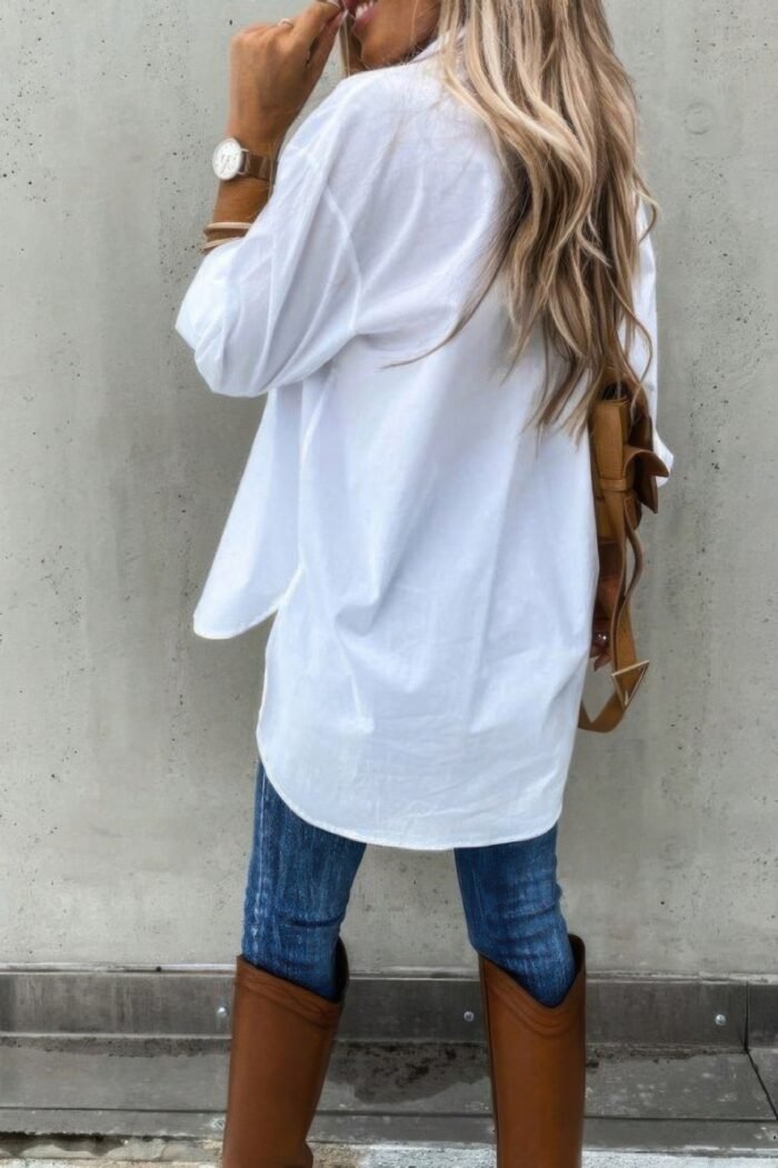 Solid button up pockets long sleeves blouse - image 3