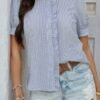 Stripe Button Down Ruffled Front Trim Shirt