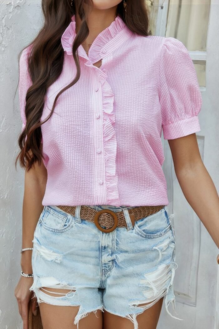 Stripe button down ruffled front trim shirt - image 8