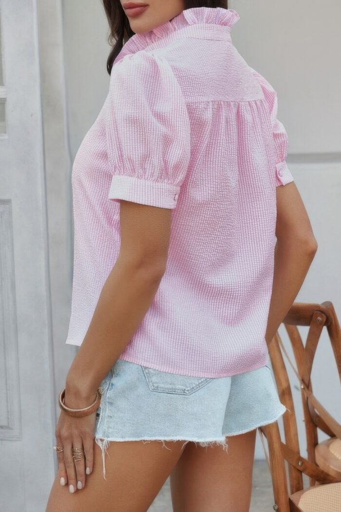 Stripe button down ruffled front trim shirt - image 10