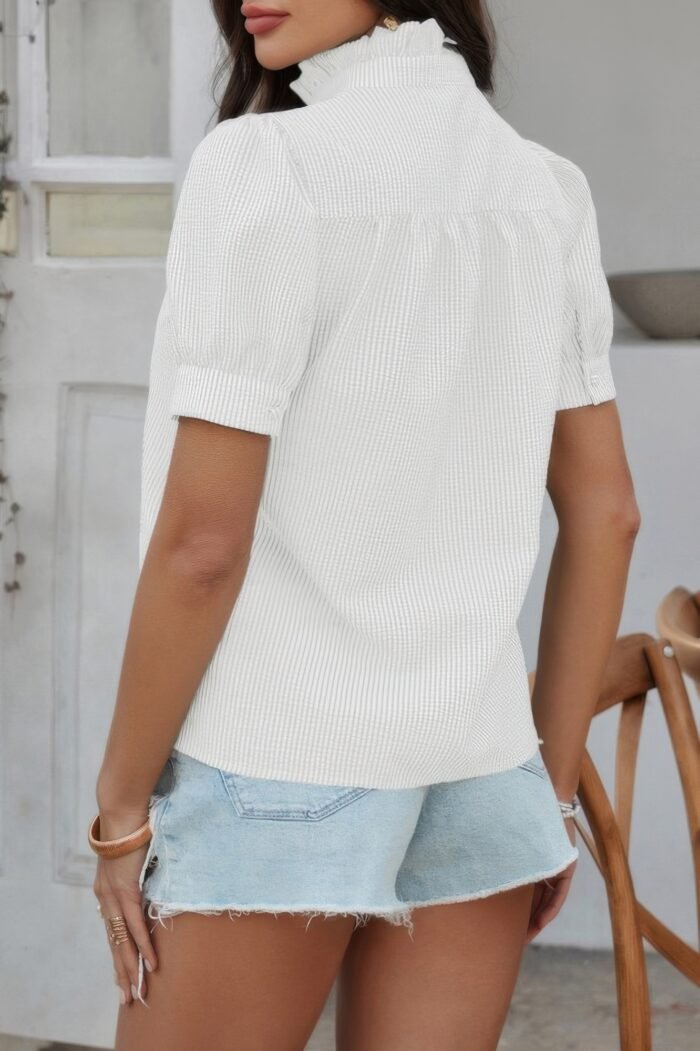 Stripe button down ruffled front trim shirt - image 13