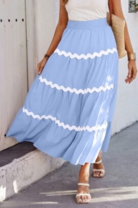 pleated elastic waist maxi skirt waves print