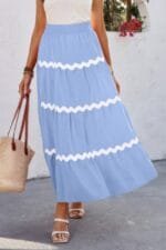 Pleated Elastic Waist Maxi Skirt – Waves Print Women’s Skirt