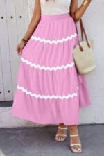 Pleated Elastic Waist Maxi Skirt – Waves Print Women’s Skirt