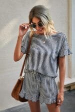 Round Neck Striped Top Short Set