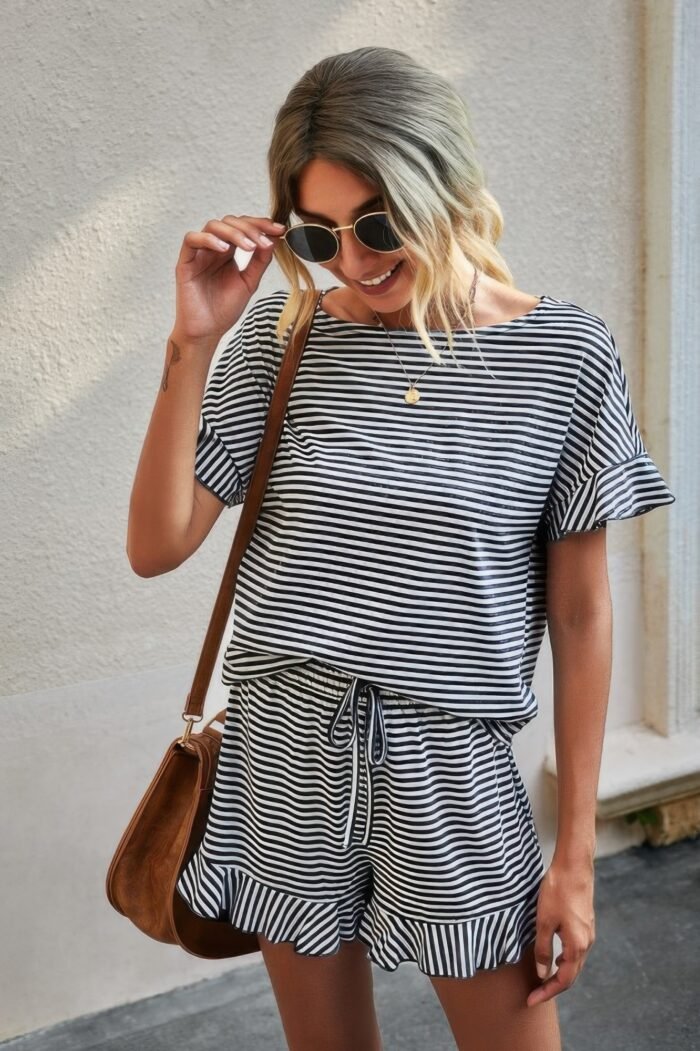 Round neck striped top short set - image 4
