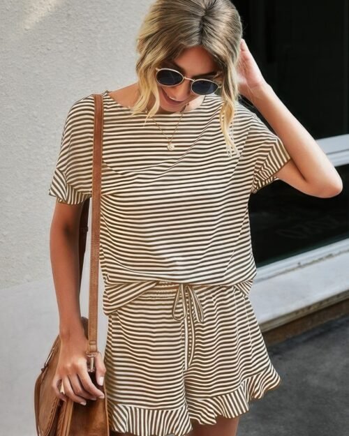 round neck striped top short set