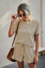 Round Neck Striped Top Short Set