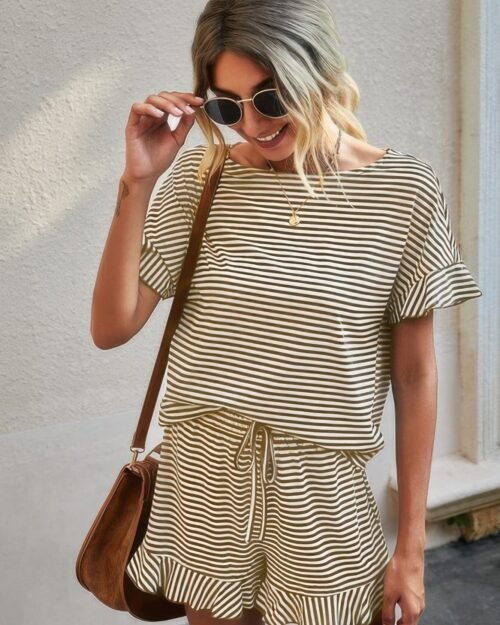 round neck striped top short set