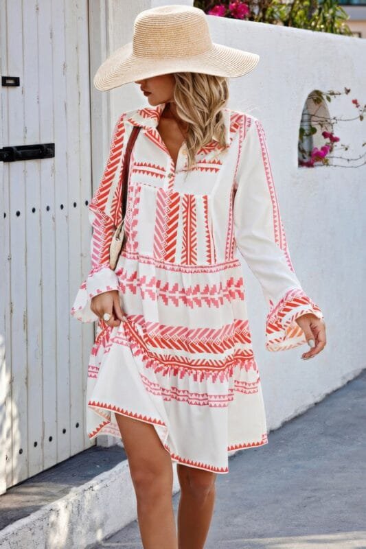 Geometric Printed Bell Ruffle Sleeve Button Dress
