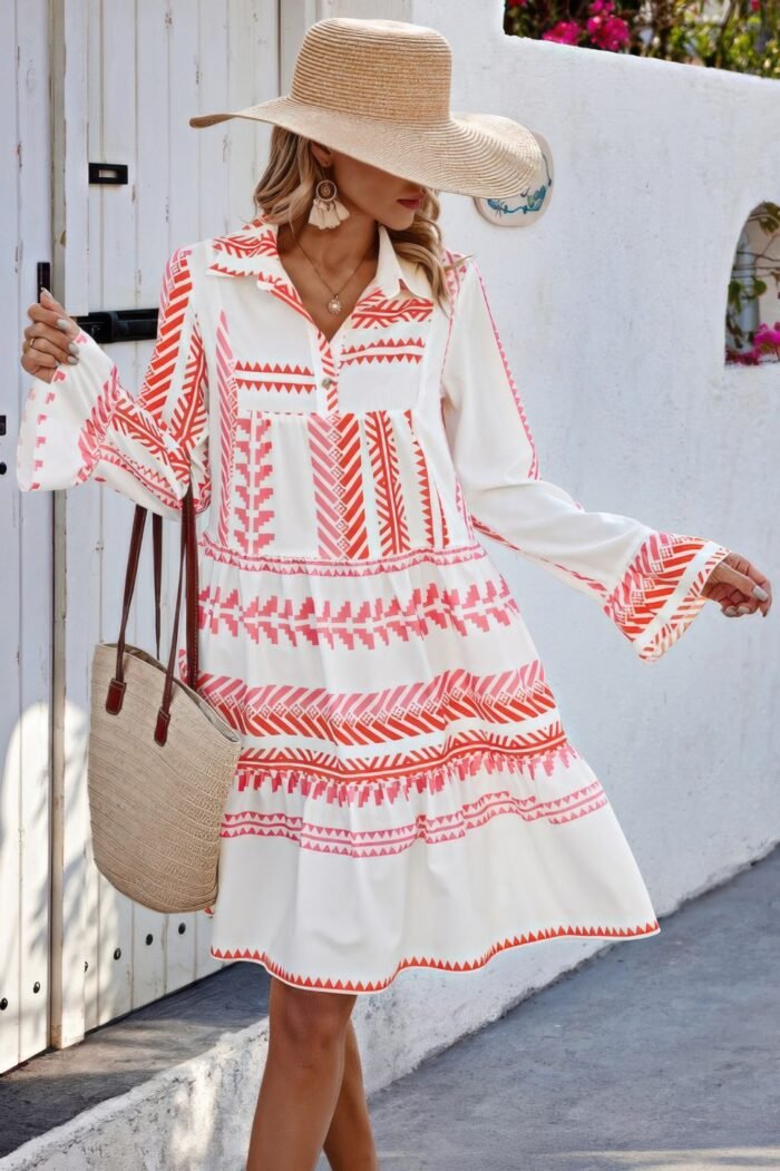 Geometric Printed Bell Ruffle Sleeve Button Dress - Image 3