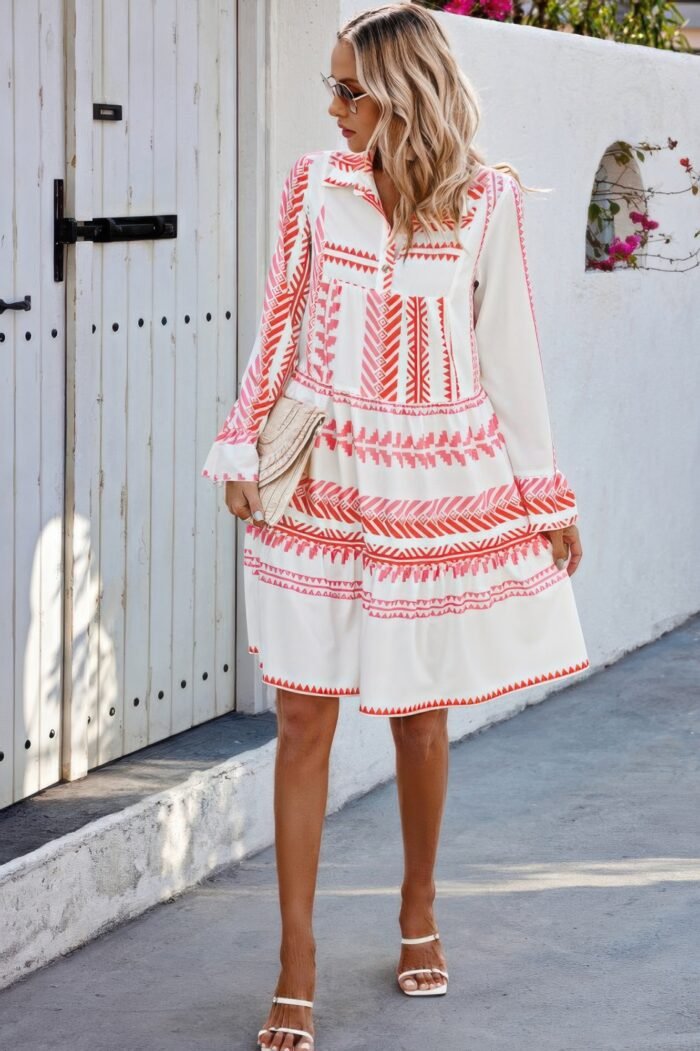 Geometric Printed Bell Ruffle Sleeve Button Dress - Image 4