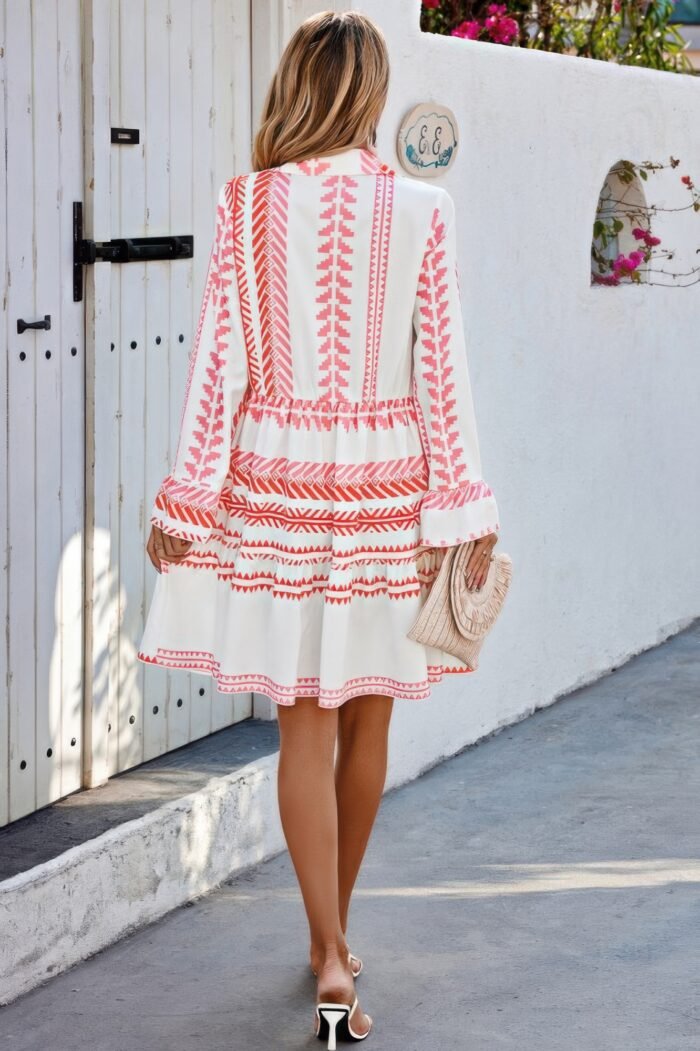 Geometric Printed Bell Ruffle Sleeve Button Dress - Image 5