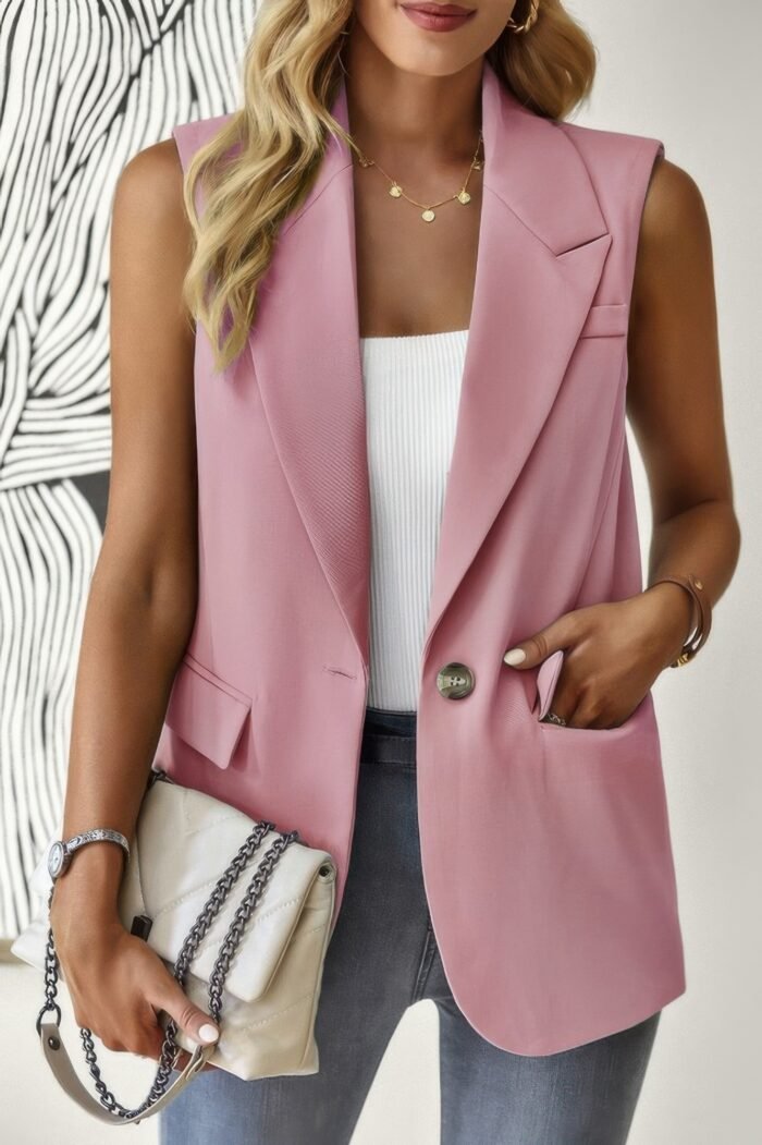 Sleeveless solid pockerts button front open suit - image 6
