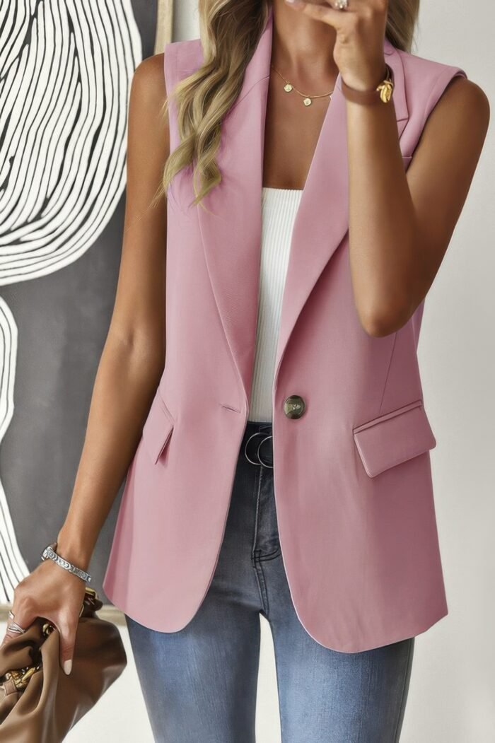 Sleeveless solid pockerts button front open suit - image 10