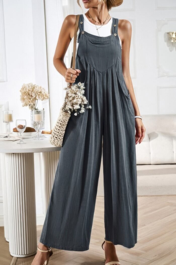 Solid wide leg pocketed shoulder tie overalls - image 9