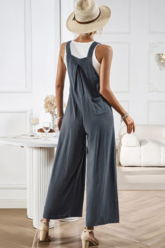 Solid wide leg pocketed shoulder tie overalls - image 10
