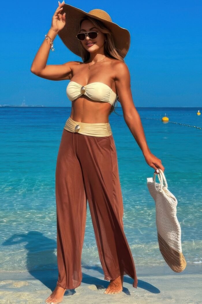 Solid color metal decor beach bikini pants set - image 14