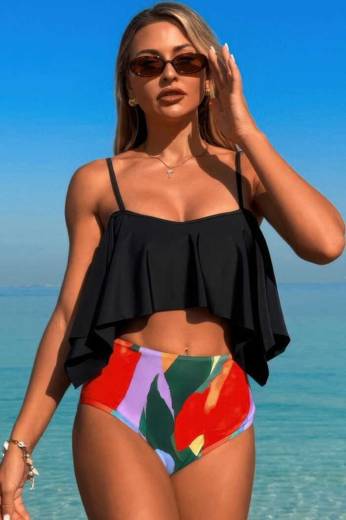 Ruffle top high waisted bottom tankini swimsuit - image 1