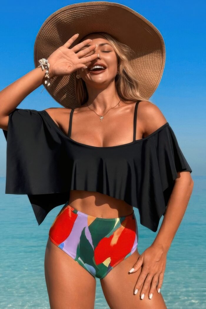 Ruffle top high waisted bottom tankini swimsuit - image 2