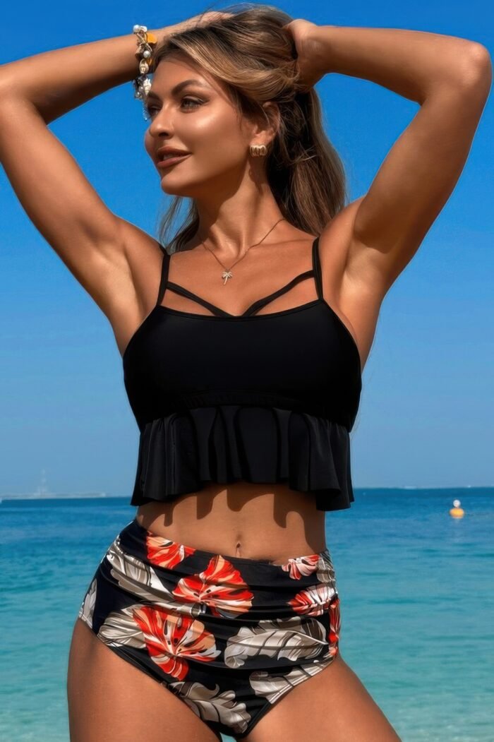 Ruffle waist tie back top high waist brief tankini - image 10