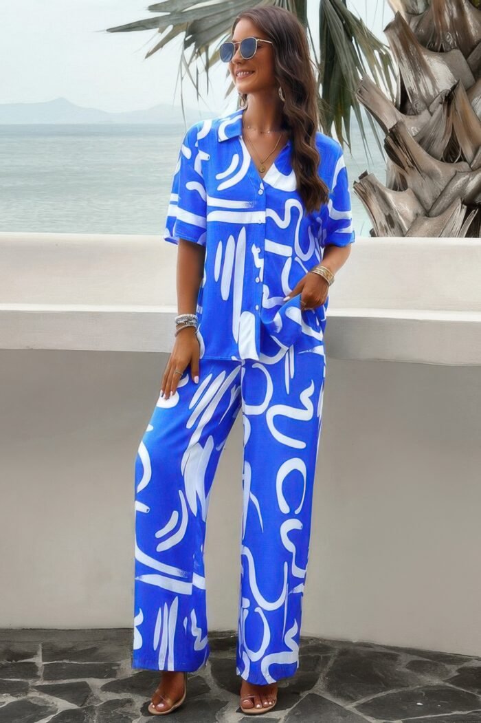 Print Front Button Two Pieces Blouse Sets - Image 1